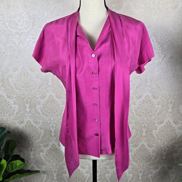 Nicole Miller Collection Size 4 Pink 100% Silk Blouse Tie at Neck Flutter Sleeve - Picture 3 of 11